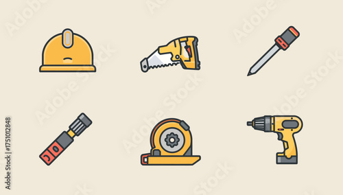 Construction Tools Icon Set: Hard Hat, Saw, Screwdriver, Soldering Iron, Circular Saw, Cordless Drill (Flat Vector)
