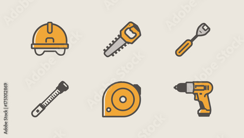Construction Tools Icon Set: Hard Hat, Reciprocating Saw, Ratchet Wrench, Soldering Iron, Tape Measure, Cordless Drill (Flat Vector)
