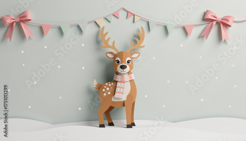 Pastel paper cut, animal paper art for festive Christmas decoration holiday. A cheerful paper reindeer stands against a pastel backdrop, adorned with festive decorations and snowflakes.