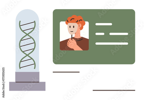 Profile ID card with photo and text beside a DNA strand in a glass cylinder. Ideal for identity verification, genetics, biotechnology, healthcare, security, data privacy, and research. A simple flat