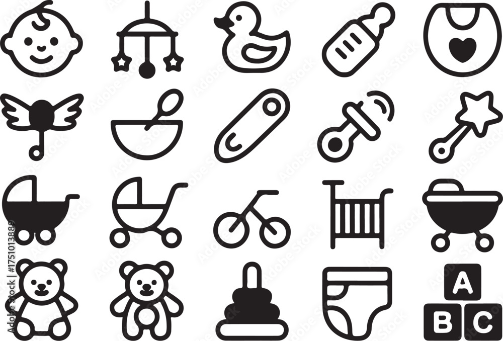 Fototapeta premium Adorable baby icons for nursery decor and design
