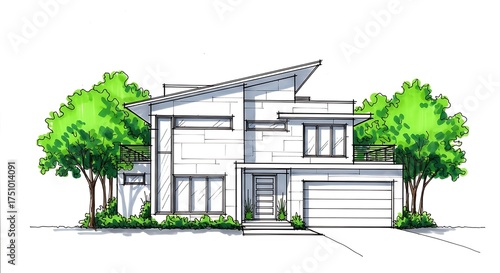 Modern House Architectural Marker Rendering: Two-Story Contemporary Home with Sloped Roof and Green Landscaping