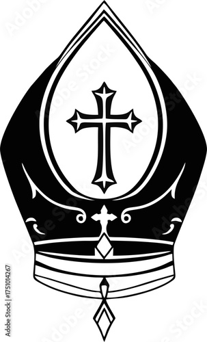 Black and White Vector Bishop Mitre – Minimalist Catholic Pope Hat with Christian Cross Line Art