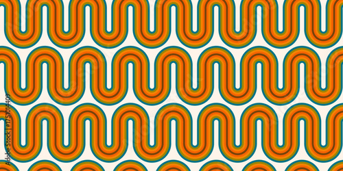 Retro seamless pattern with orange and teal wavy lines creating a vintage geometric texture. Perfect for wallpapers, textiles, wrapping paper, backgrounds, posters and nostalgic designs
