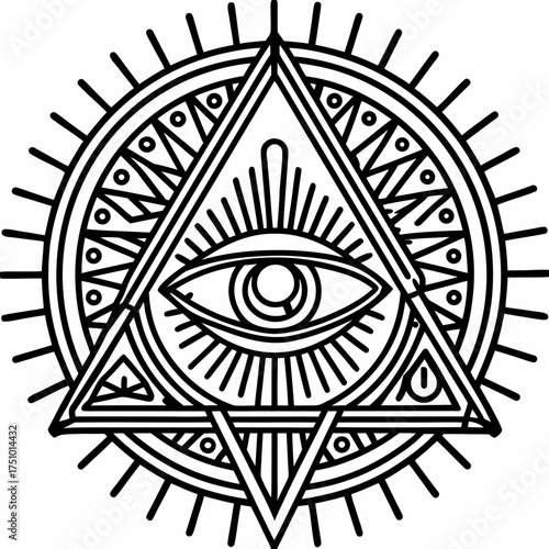 All seeing eye symbol within triangle geometric design, black and white all
