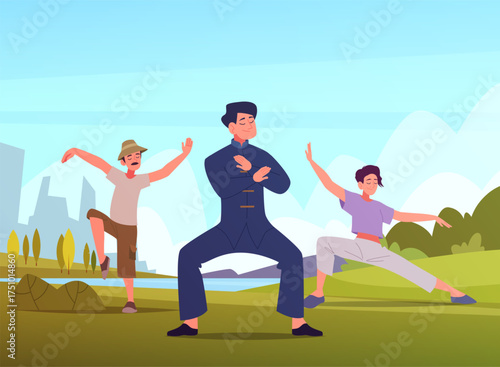Tai chi. asian martial arts training on urban park background