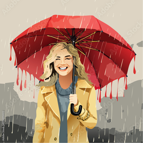 Eine lachende blonde Frau im Regen mit rotem Regenschirm