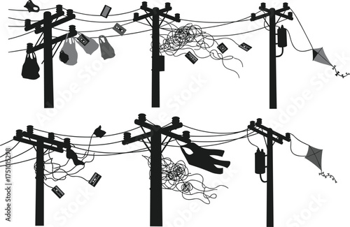 Flat vector of electric poles with tangled wires, trash, plastic bags, cassette tapes, kites, and debris stuck on power lines.