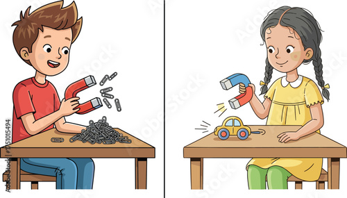 Children experimenting with magnets, cartoon science activity, magnetic force demonstration, educational play, metallic objects, toy car reaction, indoor learning scene