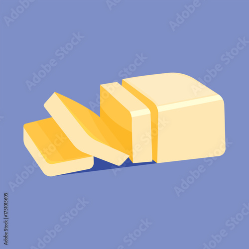 Vector yellow butter bar with slices on white porcelain plate, organic farm nutrition. Fresh dairy milk product. Creamy healthy piece of tasty briquette.