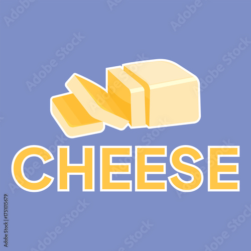 Vector yellow cheese bar with slices on white porcelain plate, organic farm nutrition. Fresh dairy milk product. Creamy healthy piece of tasty briquette.