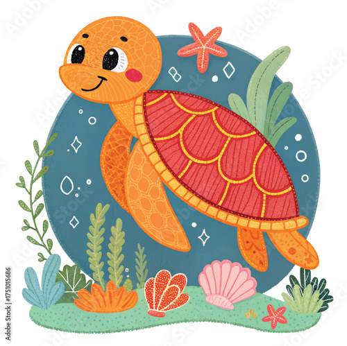 Adorable cartoon sea turtle swimming cheerfully underwater among seaweed and seashells, a whimsical design perfect for children's illustrations and cute animal themes