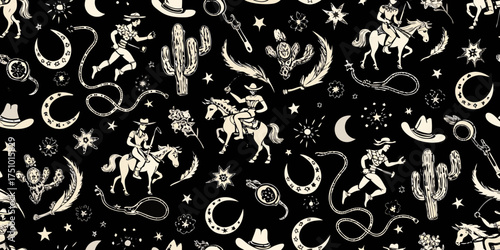 Whimsical western cowboy and cowgirl pattern with cacti stars and moons on black background