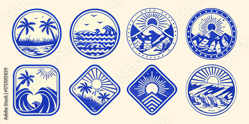 Collection of eight vintage style blue and cream emblems featuring tropical beaches and mountain landscapes
