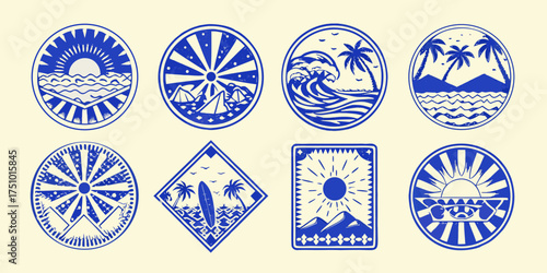 Collection of eight blue and white vintage style circular and square emblems depicting beach and mountain landscapes
