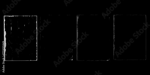 Abstract textured black background with four vertical rough frames and white borders