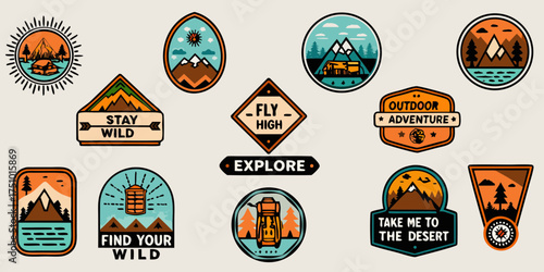 Collection of vintage outdoor adventure and exploration themed graphic badges and patches