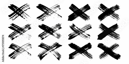 Collection of twelve diverse black ink brush stroke x marks on a white background