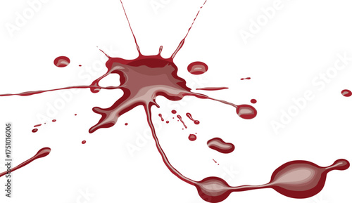Red liquid splash on white background creating abstract artistic pattern, realistic paint or wine splatter texture for creative graphic design
