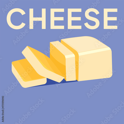 Vector yellow cheese bar with slices on white porcelain plate, organic farm nutrition. Fresh dairy milk product. Creamy healthy piece of tasty briquette.
