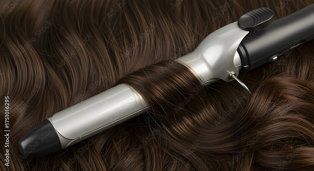 Naklejka premium Hair Styling Tool Pro Salon Grade Curler for Flawless Waves Professional Curling Iron Glamorous Brown Hair Extensions Style Beauty Fashion Design Trends Coiffure Routine
