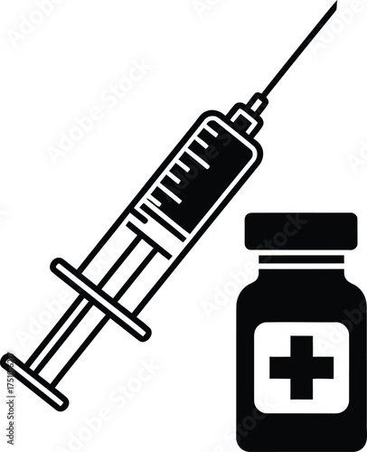 Illustration of syringe and vial isolated on white background for vaccination or treatment