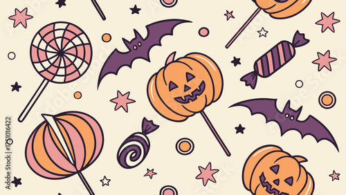 Halloween Vector Pattern Design. spider web seamless pattern. Ghost Parade Pattern. Funny cartoon halloween characters and decoration pattern illustration