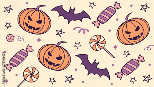 Halloween Vector Pattern Design. spider web seamless pattern. Ghost Parade Pattern. Funny cartoon halloween characters and decoration pattern illustration