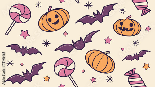 Halloween Vector Pattern Design. spider web seamless pattern. Ghost Parade Pattern. Funny cartoon halloween characters and decoration pattern illustration
