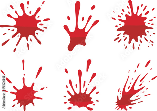 Set of six red liquid splashes isolated on white background, realistic paint or wine stains for creative graphic design projects