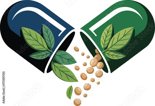 Open medicine capsule with green leaves and granules symbolizing natural health and pharmaceuticals. 
