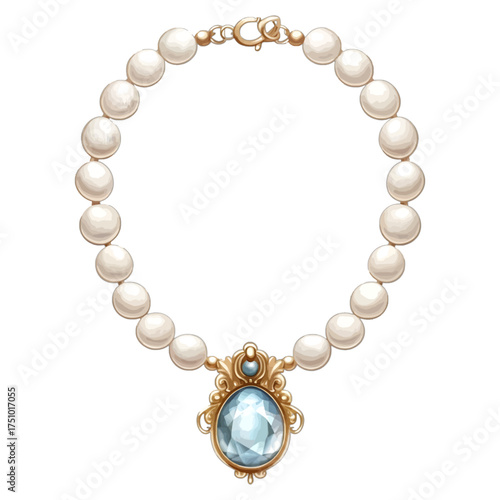 Elegant Watercolor Pearl Necklace with Blue Gemstone Pendant
