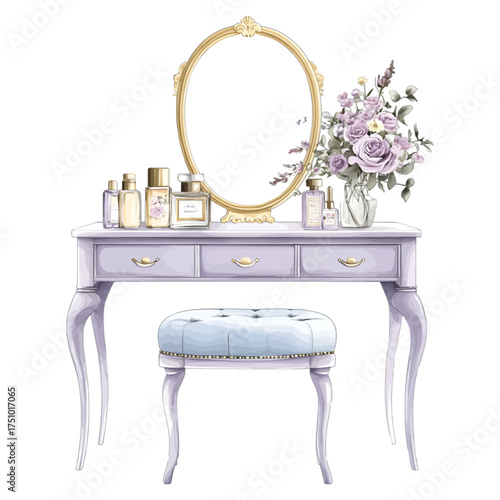 Elegant Watercolor Vanity Table with Mirror and Perfume
