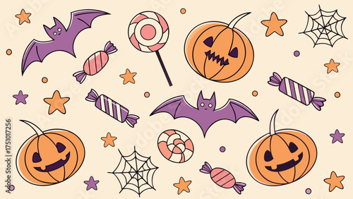 Halloween Vector Pattern Design. spider web seamless pattern. Ghost Parade Pattern. Funny cartoon halloween characters and decoration pattern illustration