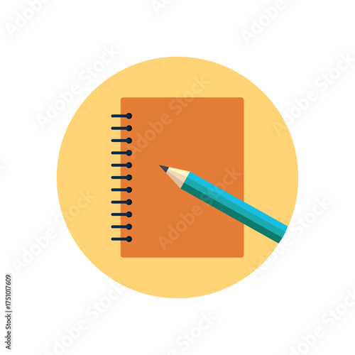 A simple and clean flat design icon featuring a spiral-bound notebook and a pencil. This vector illustration, set against a circular yellow background, represents concepts like writing, journaling, st