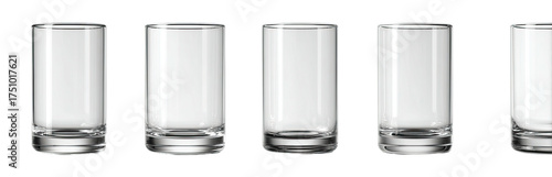 Several clear, cylindrical drinking glasses arranged horizontally against a stark, black background