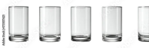 Panel kuchenny z motywem Several clear, cylindrical drinking glasses arranged horizontally against a stark, black background