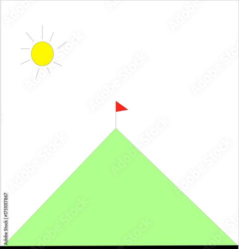 Simple geometric mountain landscape with sun and flag, evoking a sense of accomplishment and outdoor adventure, perfect for motivational designs