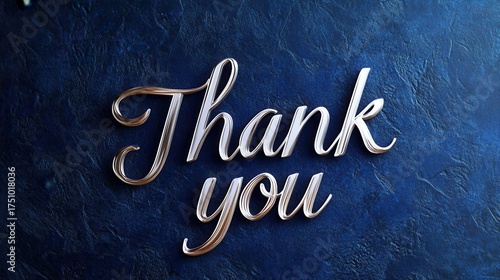 Elegant cursive Thank you in silver foil on a dark blue background with subtle lighting