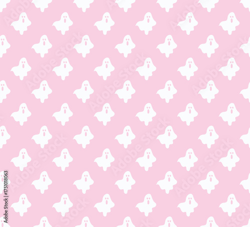 Cute seamless Halloween ghost pattern on soft pink background. Perfect for fabric, wrapping paper, kids products, and digital designs. Fun, spooky, and kawaii.