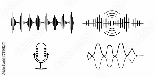 Podcast sound waves. Audio waveforms line icons, sound wave frequency or voice microphone signals. Music, podcast and broadcast, UI and audio branding design. Isolated vector set