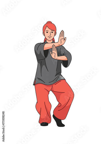 Flat Vector Illustration of Woman Practicing Tai Chi