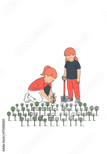 Flat Vector Illustration of Girls Planting Trees Together