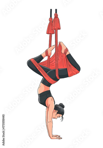 Active Woman Practicing Aerial Yoga Inversion Illustration