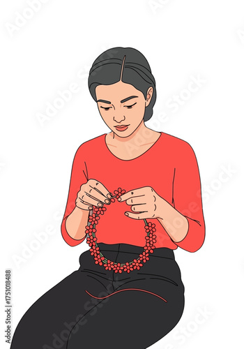 Asian Woman Crafting Flower Garland Flat Vector Illustration