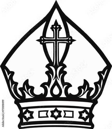 Black and White Ornate Bishop Mitre Vector – Decorative Pope Hat with Christian Cross Outline