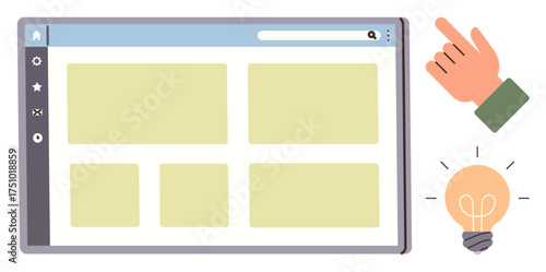 Website layout with sidebar menu, search bar, and content blocks. Hand pointing and lightbulb signify interaction, ideas, innovation. Ideal for web design, UX, creativity inspiration interface