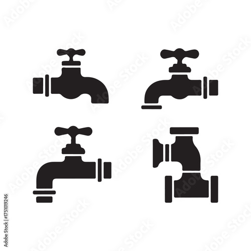 Black and White Faucet Icon Set Plumbing Fixture Symbol Collection