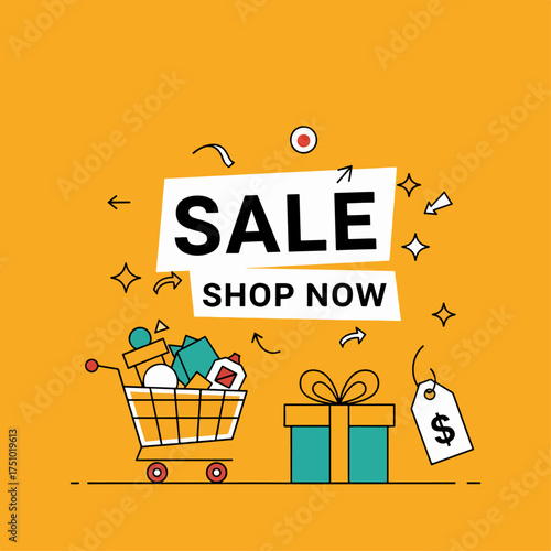 Vector illustration of a shopping cart, Colorful transparent gift boxes and fireworks on black background. Vector geometric flat illustration. Sale promotion banner