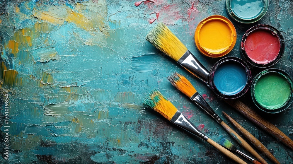 Fototapeta premium Artist's brushes, paints, textured canvas, studio background, art supplies